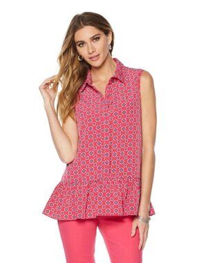 DG2 by Diane Gilman Pink Foulard Print Peplum Tunic Blouse Size L
